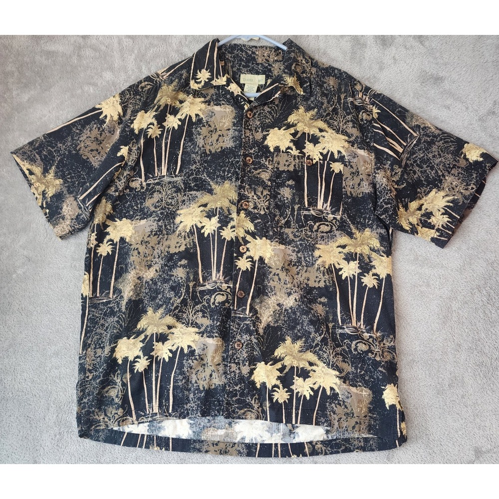 Trader Bay Shirt Mens‎ Large Black Tan Palm Tree Tropical Hawaiian Button Down